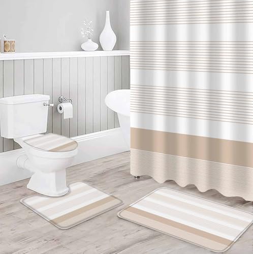ZOE GARDEN Brown Stripe Bathroom Set with Curtain Rug and Accessories