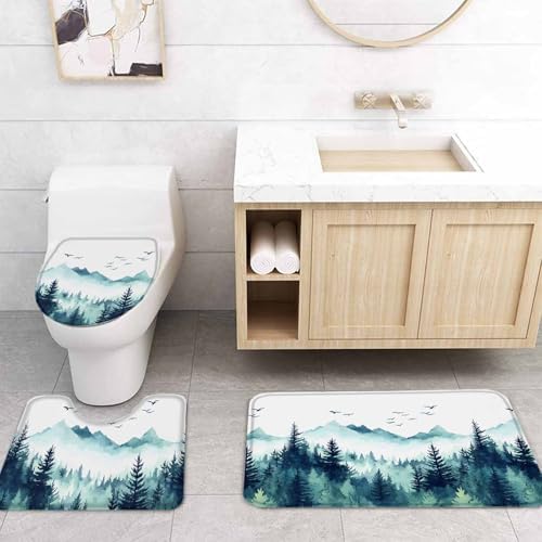 Turquoise Forest Bathroom Set with Curtain and Rug