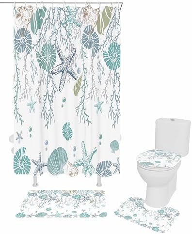 Coastal Bathroom Set with Rug and Hooks - 72x72 Inches