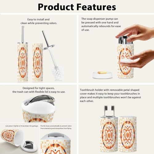 Boho Orange Tile Bathroom Accessory Set 6 Piece