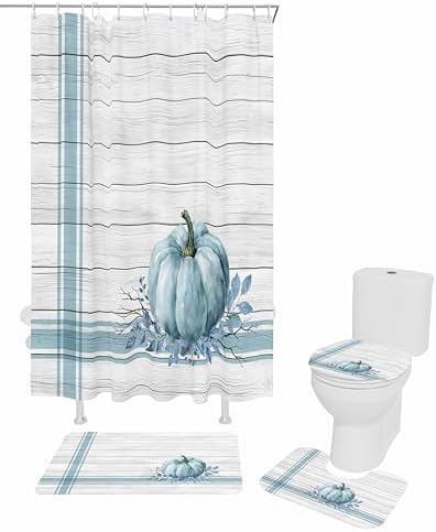 ZOE GARDEN Blue Pumpkin Bathroom Set with Curtain Rug and Accessories