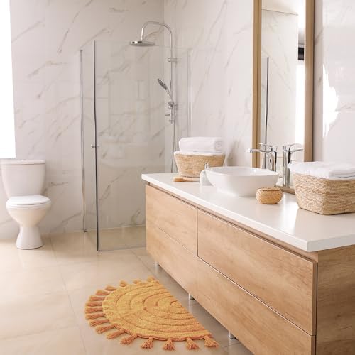 KIBAGA Boho Bath Mat Mustard Tassels Non-Slip
