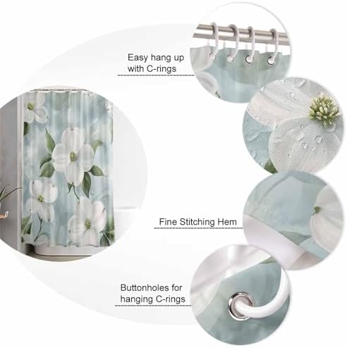 White Floral Bathroom Set with Curtain and Rug - 36x72 Inches