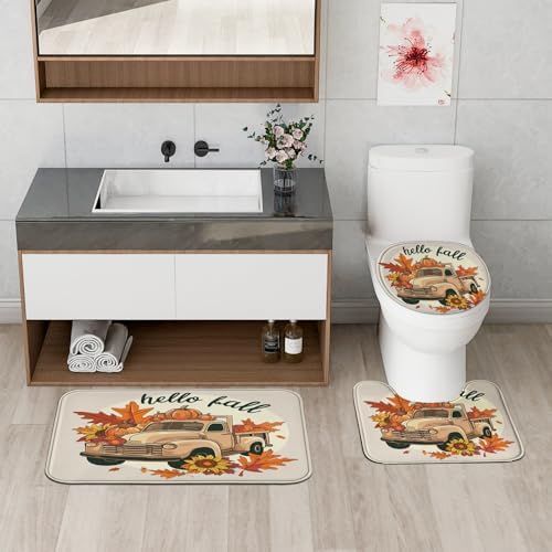 4PCS Fall Kawaii Truck Bathroom Sets with Non-Slip Rug