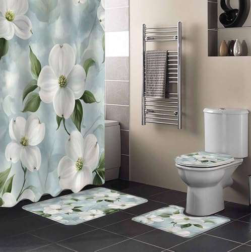 White Floral Bathroom Set with Curtain and Rug - 36x72 Inches