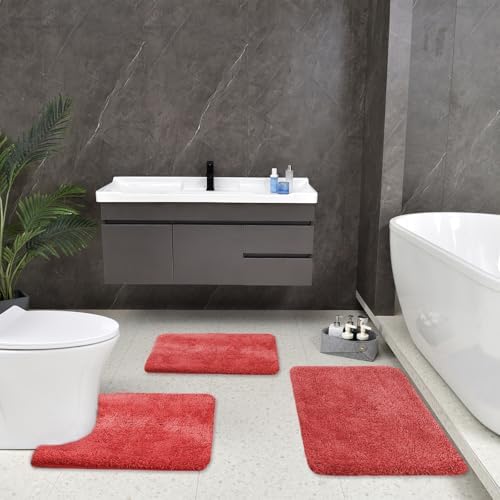 wyewye 3 Piece Bath Rug Set Non-Slip Microfiber Red Rugs