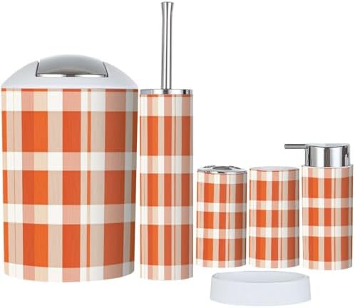 Boho Orange Plaid Bathroom Accessory Set 6 Piece