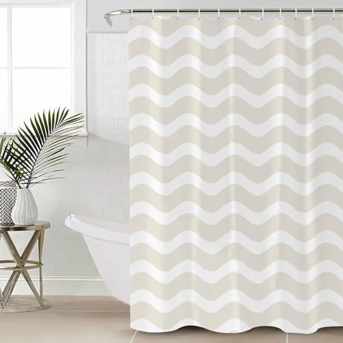 Cream Striped Bathroom Set with Shower Curtain and Rug Accessories