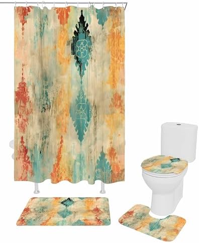 ZOE GARDEN Yellow Abstract Bathroom Set - Modern Art Shower Curtain and Rug Set