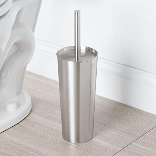 mDesign Slim Metal Toilet Brush Set with Holder - Rust-Resistant Silver