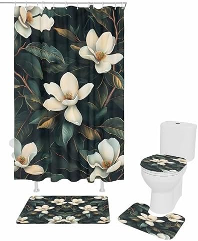 Floral Bathroom Set with 36x72 Inch Curtain and Rug