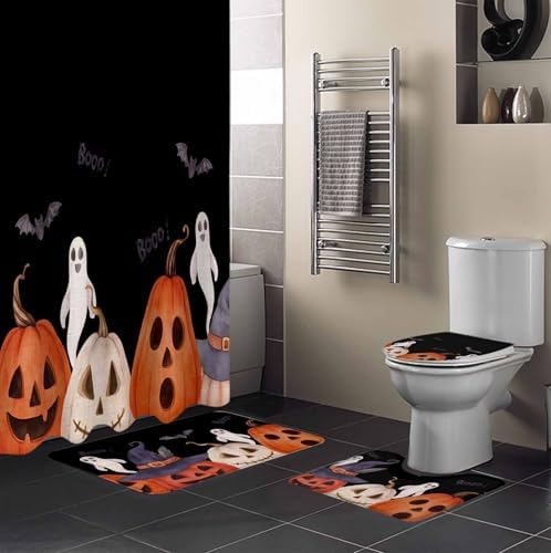 ZOE GARDEN Halloween Black Bath Set with Curtain Rug and Hooks