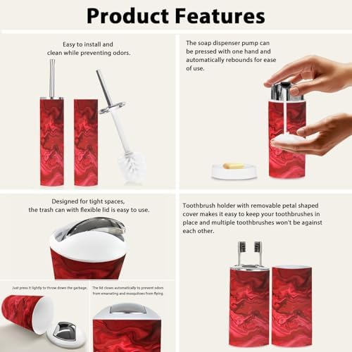 Boho Red Marble Texture Bathroom Accessories Set 6 Piece