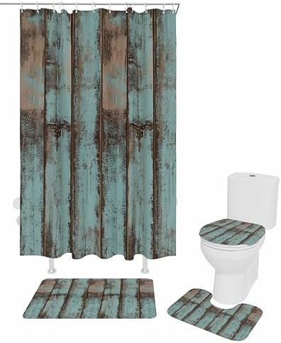 Turquoise Blue Bathroom Set with Rug and Curtain Accessories