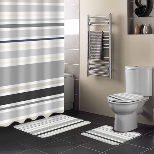 Grey Stropes Bathroom Set with Curtain Rug and Accessories