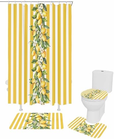 Yellow Lemon Bathroom Set with Shower Curtain Rug and Accessories 1