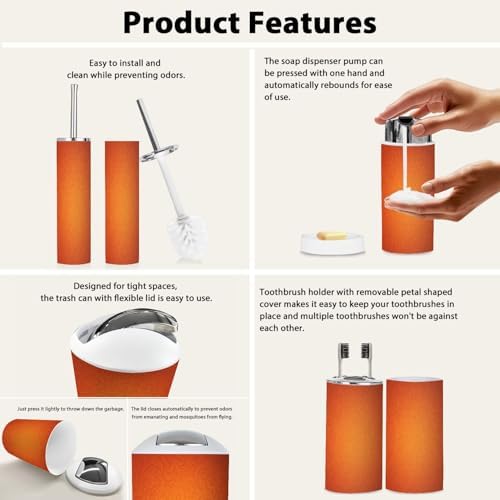 Boho Orange Damask Bathroom Accessory Set 6 Piece