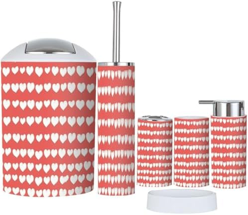 Boho Red White Heart Pattern Bathroom Accessory Set of 6