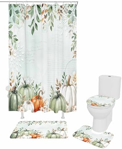 ZOE GARDEN Autumn Pumpkin Bath Set with Curtain Rug and Hooks 1
