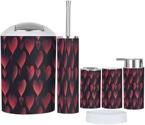 Boho Valentine Bath Accessories Set 6 Piece Red Black Hearts