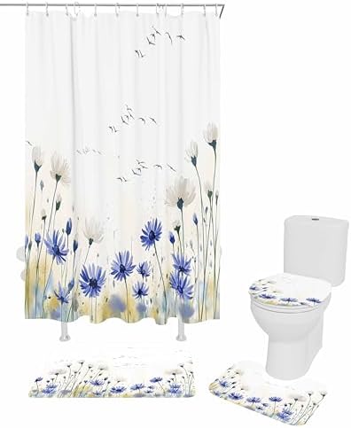 ZOE GARDEN Blue Daisy Bath Set with Curtain Rug and Hooks