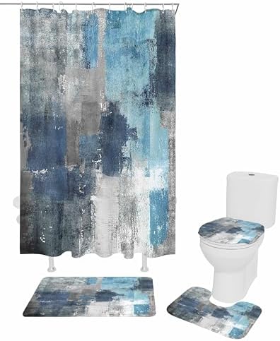 ZOE GARDEN Blue Grey Bathroom Set with Shower Curtain and Rug 1