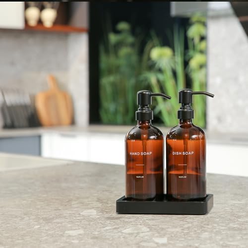 Amber Glass Soap Dispenser Set with Metal Pump