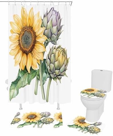 ZOE GARDEN Sunflower Bathroom Set with Curtain and Rug