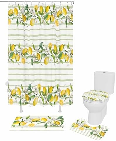 ZOE GARDEN Lemon Stripe Bathroom Set with Curtain Rug and Accessories 1