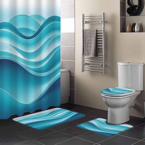 Turquoise Bathroom Set with Curtain Rug and Hooks