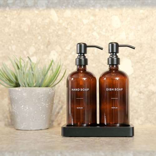 Amber Glass Soap Dispenser Set with Metal Pump