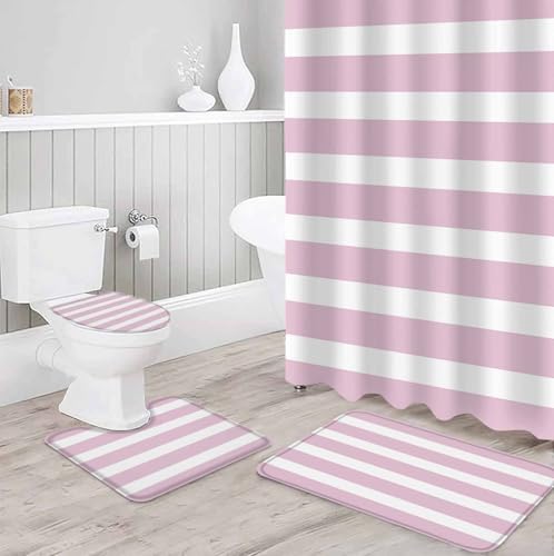 Pink Stripe Bathroom Set with Shower Curtain and Rug and Accessories