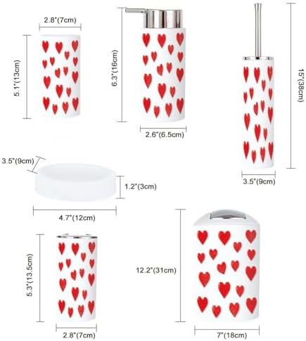 Boho Bathroom Accessory Set 6 Piece Red Hearts Design