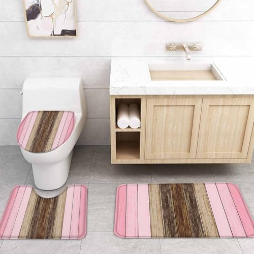 Pink Brown Wood Grain Bathroom Set with Shower Curtain Rug and Accessories