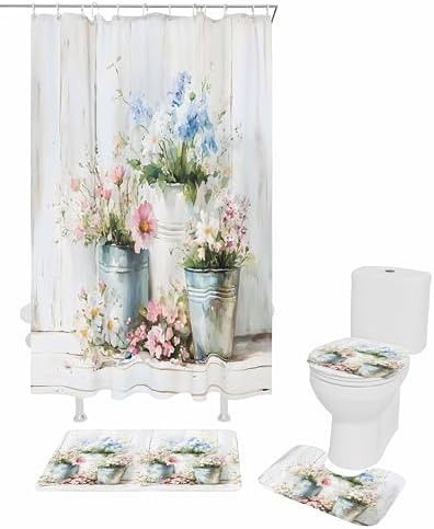 ZOE GARDEN Daisies Flowers Bath Set - 72x72 Waterproof Curtain Rug