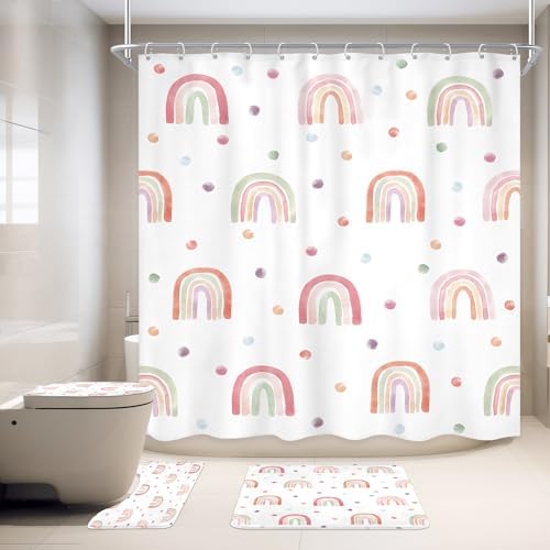 Ufeela 4PCS Rainbow Kids Girls Shower Curtain Set