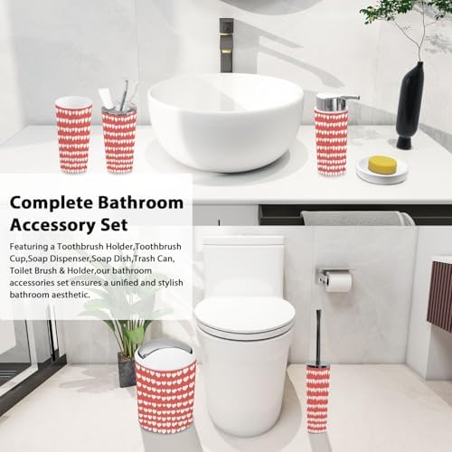 Boho Red White Heart Pattern Bathroom Accessory Set of 6