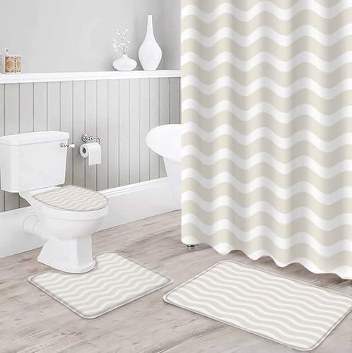 Cream Striped Bathroom Set with Shower Curtain and Rug Accessories