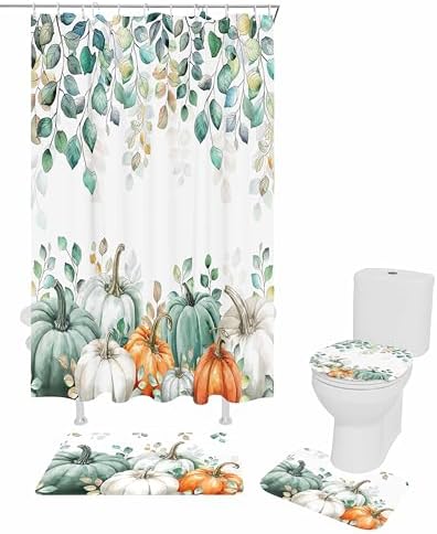 ZOE GARDEN Green Pumpkin Bathroom Set with Shower Curtain Rug and Accessories