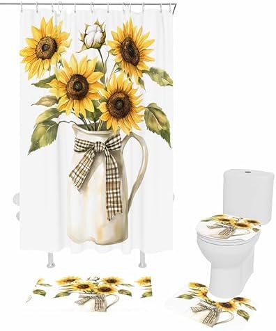 ZOE GARDEN Sunflower Bathroom Set with Curtain Rug and Hooks