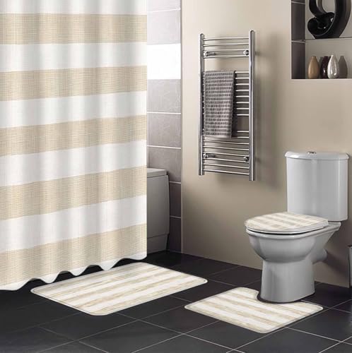 ZOE GARDEN Beige Stripe Bathroom Set with Shower Curtain and Rug