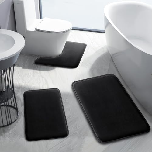 HUXMEYSON 3 Piece Memory Foam Bath Rug Set Black