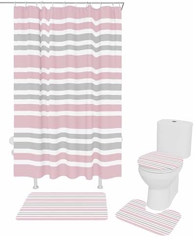 Pink Grey Bathroom Set with Curtain Rug and Accessories