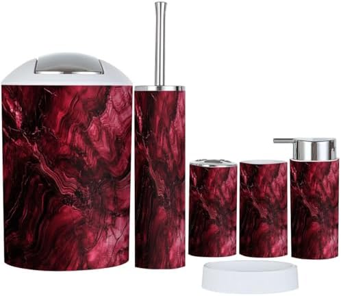 Boho Bathroom Accessory Set 6 Piece in Magenta and Maroon