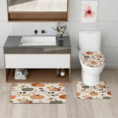 4PCS Fall Cream Pumpkin Bathroom Set with Non-Slip Rug and U Shape
