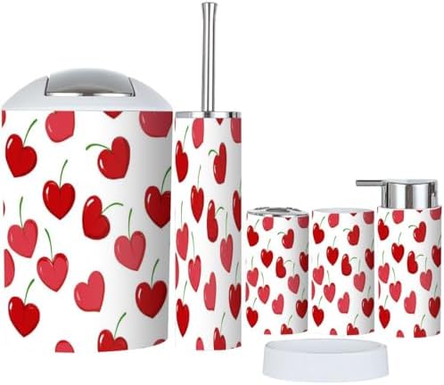 TRANQDEHOM 6 Piece Bathroom Accessory Set Cherry Hearts Boho Pattern