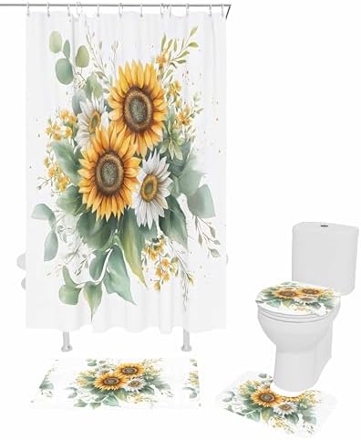 ZOE GARDEN Sunflower Bathroom Set with Curtain Rug and Hooks - 66x72 Inches