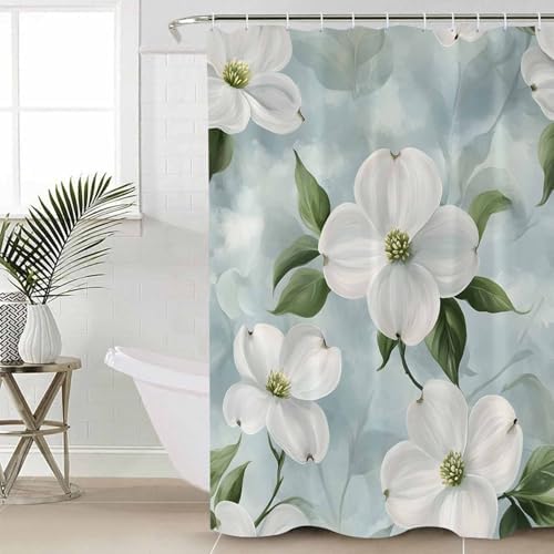 White Floral Bathroom Set with Curtain and Rug - 36x72 Inches
