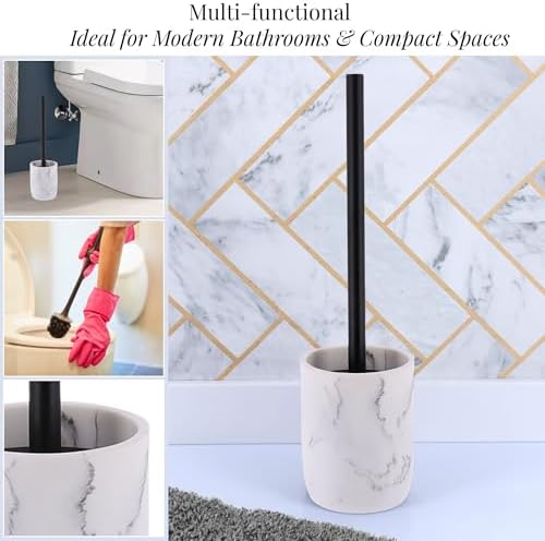White Marble Toilet Brush with Holder Set Modern and Durable