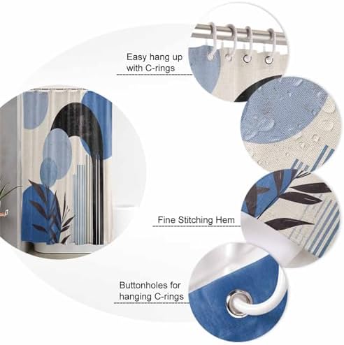 Boho Blue Bathroom Set with Curtain Rug and Hooks
